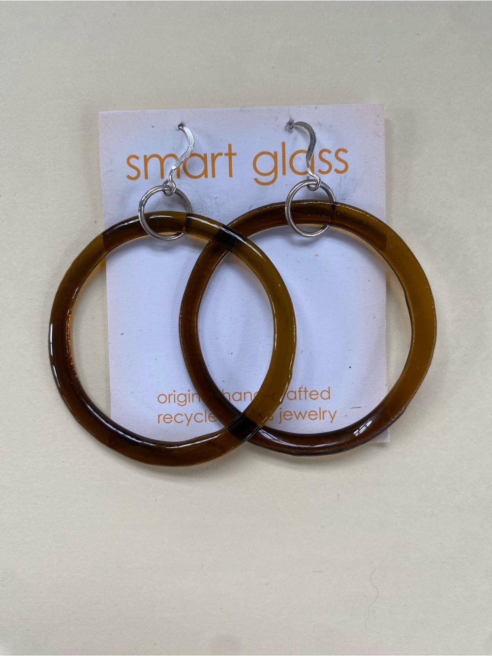 Smart glass amber brown hoop earrings 2.25” round 3” dangle silver hook recycled